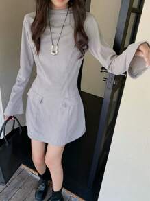 INAWLY Đầm mini cổ đứng tay dài thường ngày cho nữ, mùa thu - Xám - Xem 1