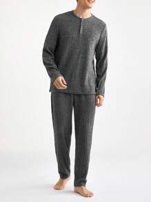 男士前扣长袖休闲上衣和长裤蓬松家居服套装，秋冬服装，舒适保暖 - 深灰色 - 查看 4