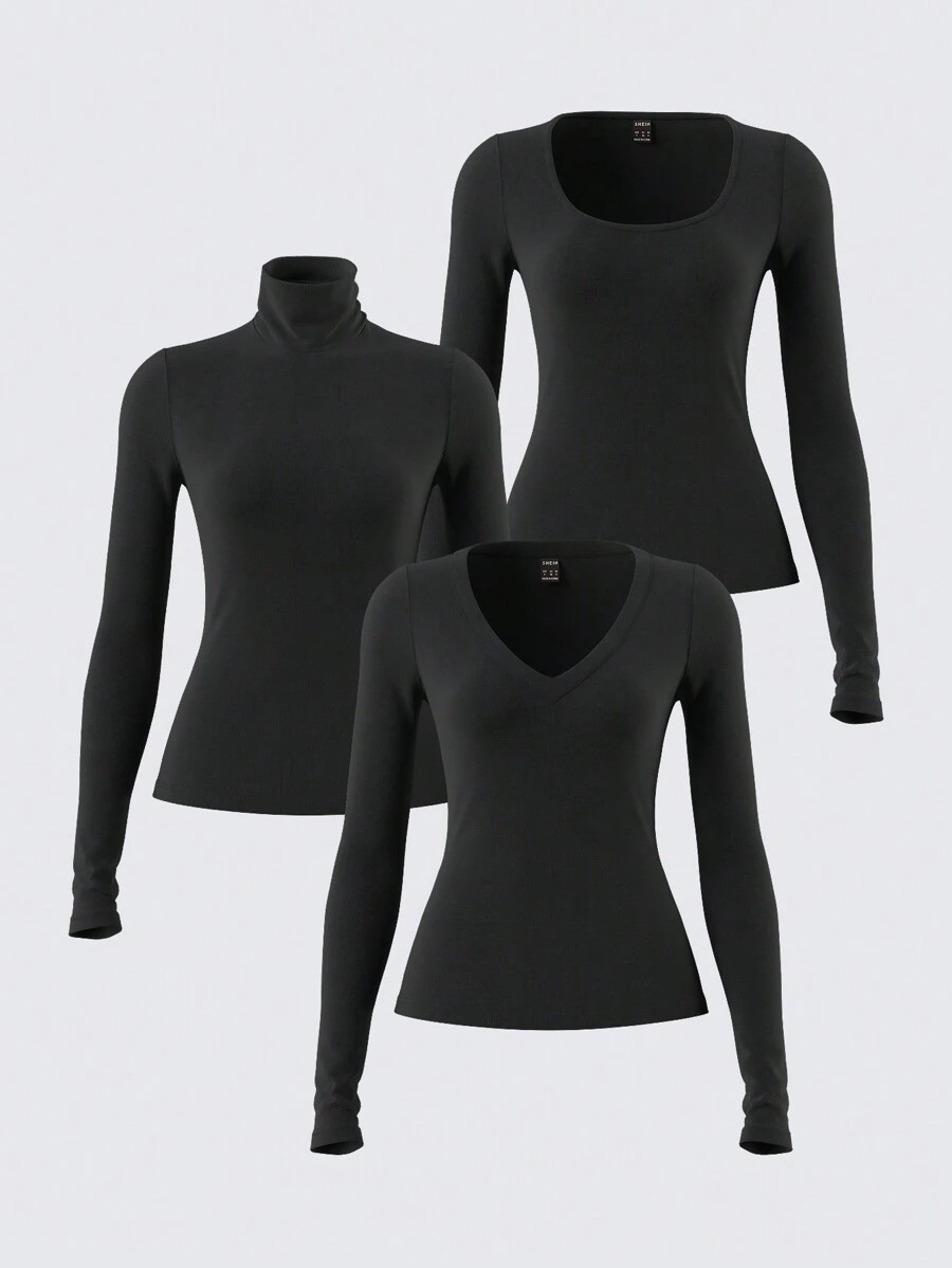 SHEIN BASICS 3pcs/Set Casual Solid Color Knit Long Sleeve Fitted Base Layer Tshirts For Women - Multicolor - View 1