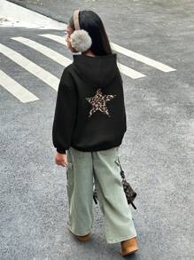 Tween Girl Leopard Pattern Hoodie Pullover Sweatshirt, Tween Girl Fleece Warmth - Black - View 6