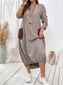 SHEIN LUNE Women's Asymmetrical Hem Plaid Print Christmas Long Dress