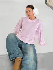 Flirla Jersey de cuello redondo de manga larga con trenzado minimalista y dulce para mujer en invierno, color rosa
