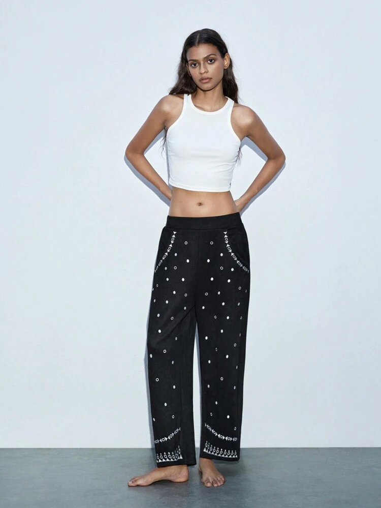 SHEIN Maija 여성 플러시 사슴 벨벳 자수 패턴 저웨스트 스트레이트 다리 바지, 탄력 허리와 큰 포켓, 캐주얼, 가을/겨울