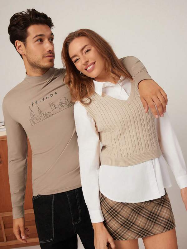 FRIENDS X SHEIN Set de 3 camisetas de manga larga con cuello alto, de estilo casual, con estampado de arquitectura y letras, para otoño, unisex