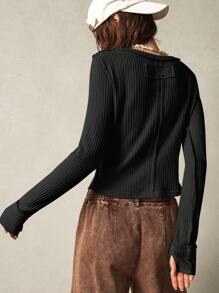 Bohemela 度假合身纯色针织圆领长袖常规正面中心印花女式 T 恤