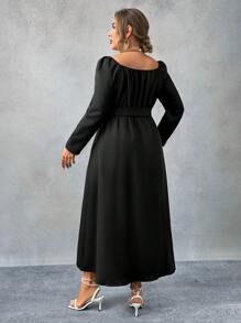 Franclia Plus-size vierkante hals pofmouw strik korte jurk