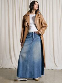 AiiRZ No Waistband Low-Rise Washed Denim A-Line Maxi Skirt - Blue - View 3