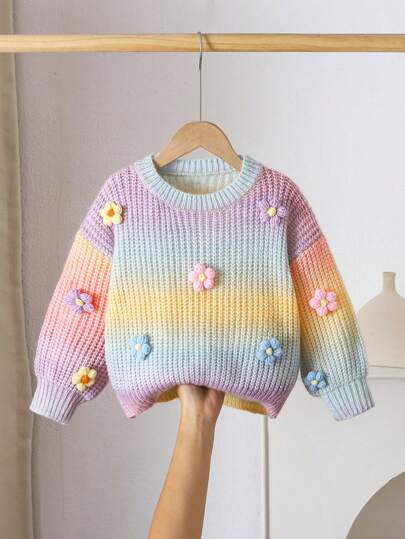 Sparklyn Young Girl Handmade Flower Gradient Knitted Sweater, Cute Casual Round Neck Lantern Sleeve Pullover