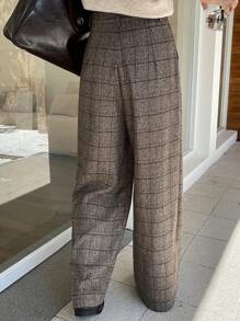 DAZY 格子阔腿宽松裤，带口袋，女士休闲商务裤 - 棕色 - 查看 2