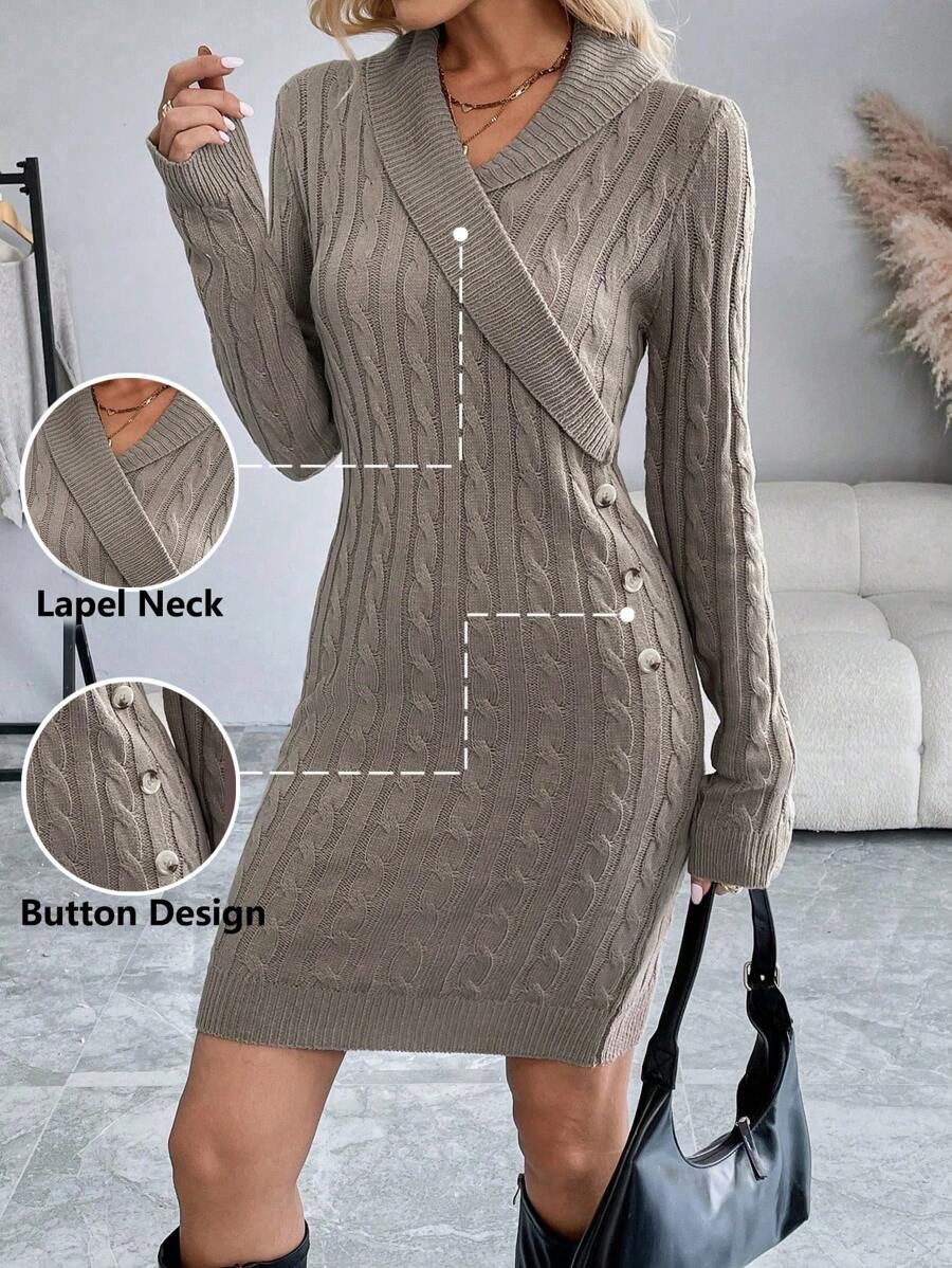 SHEIN LUNE Solid Color Crossover Twist Knitted Side Button Long Sleeve Sweater Dress Fall Cloth For Women - Mocha Brown - View 1
