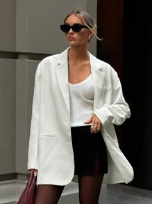 Aloruh Áo khoác blazer giản dị màu trơn tay dài cài nút phía trước cho nữ có túi giả tối giản - Cà phê nâu - Xem 7