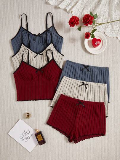 3pcs Women Casual Bow Decor Cami Top & Shorts Home Wear Set Outfit