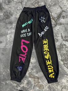 SHEIN Slayr 女式黑色字母印花运动裤，秋季休闲街头时尚裤 - 黑色 - 查看 3