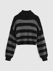 ROMWE Kawaii Cute Black Cat Embroidery Turtleneck Striped Pullover Sweater, Casual For Teens