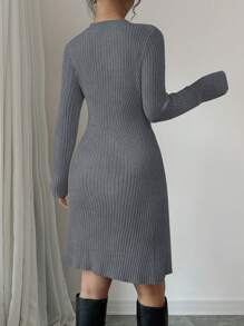 SHEIN Unity 1pc Fitted Rib Knit Sweater Dress Round Neck Fall Winter Cloth For Women - Dark Grey - View 2