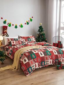 Bộ chăn ga gối đệm bằng vải satin lụa 3 món họa tiết quà tặng cây thông Noel hai tông màu có thể đảo ngược, mềm mại, thoáng khí, không nhăn, tốt hơn cho giấc ngủ, phong cách khách sạn sang trọng, quà tặng cho bạn bè bố mẹ, chăn bông, vỏ chăn, vỏ gối, 2 giường King, Queen, cỡ đôi, bé trai bé gái, đồ trang trí nhà cửa - Đỏ - Xem 2