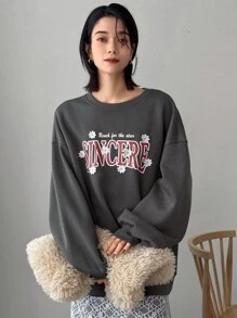 FRIFUL Women's Loose Fit Thermal Lined Printed Crew Neck Sweatshirt Fall,Winter - Grey - View 7
