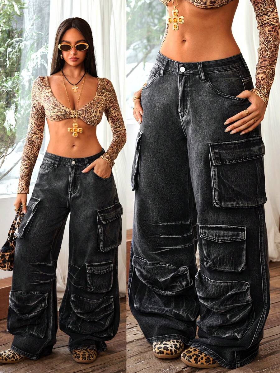 SHEIN ICON Jeans cargo de pierna ancha y multibolsillo de aspecto lavado para mujer