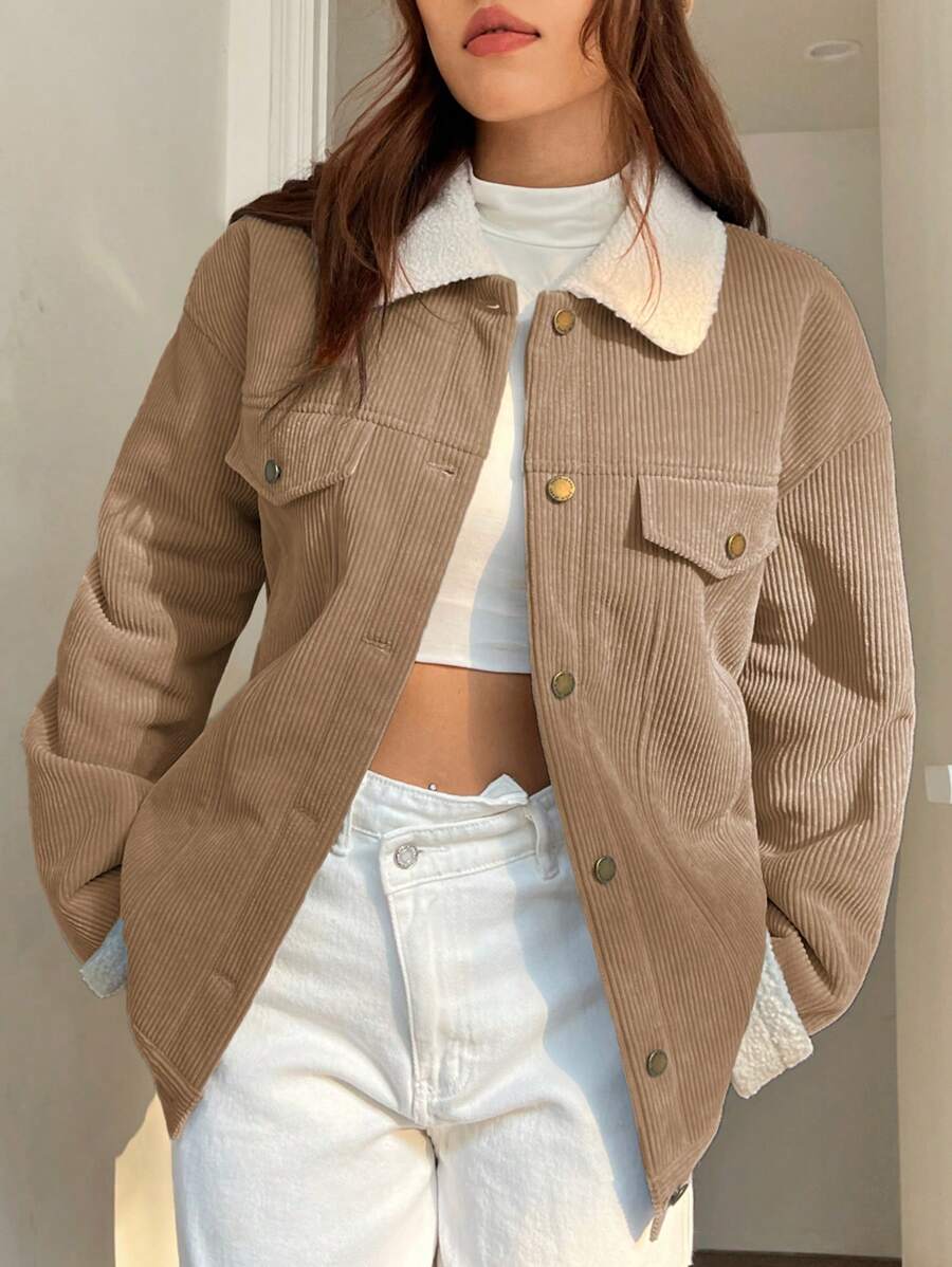 SHEIN EZwear Áo khoác nỉ lót lông màu trơn cài nút phía trước dành cho nữ, mùa thu/đông - Màu Khaki - Xem 1