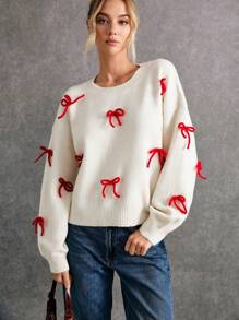 Poéselle Women White Christmas Cute Red Bow Decor Sweater, Oversized Winter Clothes, Fall Tops