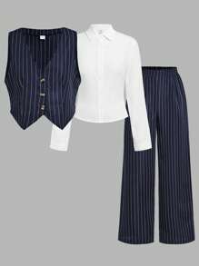 SHEIN Explorewe Teen Girl Preppy Style Casual Elegant Y2K Vest, Blouse, And Pants Set, Fashionable And Versatile, Perfect For Fall And Spring And Winter - Multicolor - View 12