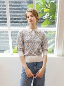 Simple Retro Wool Women's Autumn And Winter Casual Shirt Collar Collision Printed Pink Elegant Retro Pullover Sweater