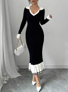 Gloray Vestido de punto casual sencillo con cuello en V de manga larga y empalme de unicolor para mujer