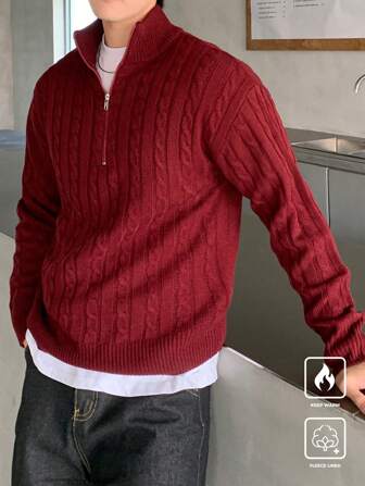 Manfinity CasualKnits Men's Half Zip Textured Knit Pullover Sweater, Casual And Versatile, Long Sleeve, Men Red Sweater, Men Burgundy Sweater, Men Cable Knit Sweater, Men Quarter Zip Sweater, Men Fleece Lined Sweater, For Fall Winter