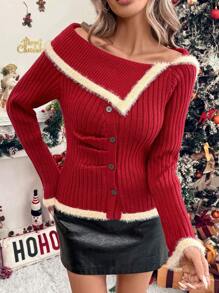 SHEIN Clasi Women Christmas Color Block Trim Asymmetrical Collar Button Front Sweater, Casual Wear For Autumn/Winter Knit Pullover Fall - Red - View 7