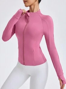 Easithlete Áo khoác thể thao thường ngày dài tay khóa kéo phía trước màu trơn cho nữ, mặc hàng ngày - Màu tím - Xem 4