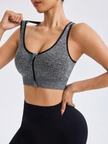Basic Zipper Cross Racerback Seamless Sports Bra - Grey - View 8