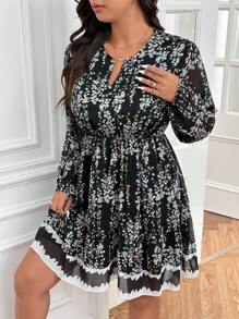 SHEIN Frenchy فستان قصير مطبوع بخصر محشور لسيدات البدناء ، فستان أنيق طويل الأكمام باللون الأسود - متعدد الألوان - مشاهدة 6