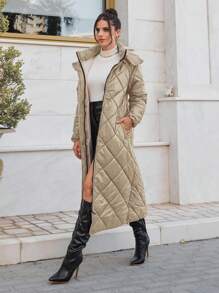 EURMUSE Belted Diamond Stitched Long Padded Coat - Apricot - View 5