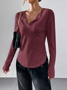 SHEIN Essnce 女款宽松圆弧下摆长袖 T 恤，休闲风格 - 酒紅色 - 查看 5