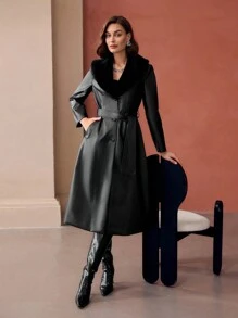 MOTF PREMIUM PU LEATHER CONTRAST FUZZY COLLAR BELTED LONGLINE COAT - Black - View 9