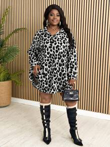 Slaydiva Áo sơ mi tay dài họa tiết da báo cỡ lớn, viền bèo nhún, mặt trước ngắn, mặt sau dài, thu/đông - Xám - Xem 6
