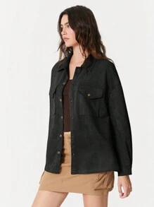 Muchica Women Vintage Casual Faux Suede Black Loose Jacket Shirt Style For Autumn/Winter - Black - View 6