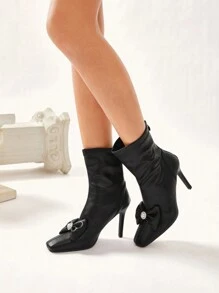 CUCCOO CHICEST 方头细高跟鞋复古设计蝴蝶结短靴搭配连衣裙，新款女式踝靴配后拉链秋季 - 黑色 - 查看 2