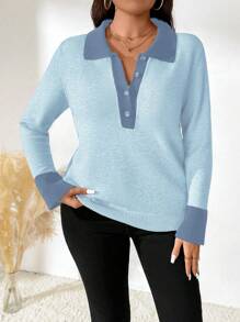 SHEIN LUNE Suéter casual de diario con bloqueo de color y abotonado, talla grande, otoño/invierno - Celeste - Ver 4
