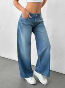 SHEIN Cottnline Slant Pocket Low Waist Wide Leg Jeans - Light Wash - View 4