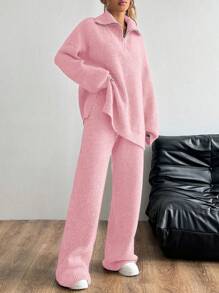 SHEIN Unity Bộ 2 áo len dệt kim rộng rãi và quần dài cho nữ, trang phục phù hợp thường ngày cho mùa thu đông - Màu Hồng baby - Xem 1