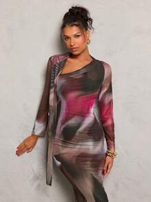 Glamine Mesh Abstract Flowers Print Asymmetric Neck Tie Long Sleeve Midi Dress Dress,Elegant Outfit For Daily Dates, Clubbing, Party And Christmas,New Years Events Dress,Autumn/Winter Clothes For Women
