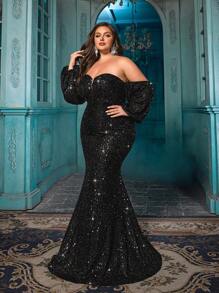 QOQ 时尚纯色加大码单肩短袖修身礼服，适合鸡尾酒会、晚会 - 黑色 - 查看 1