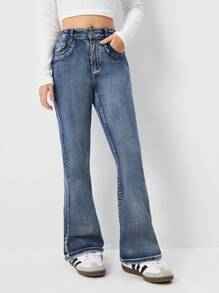 SHEIN TEEN GIRL Y2K 都市街头复古水洗可调节腰部高弹力经典 5 口袋喇叭裤，时尚女孩必备百搭时尚单品 - 中等水洗藍 - 查看 4