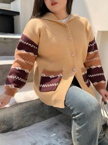 Dazy Petite Plus Plus Size Contrast Color Splicing Jacquard Loose Hooded Cardigan,Fall Women Clothes - Khaki - View 4