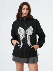 SHEIN EZwear Sequined Zip-Up Cropped Bomber Jacket - Black - View 5