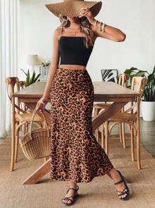 SHEIN VCAY Falda tipo sirena de cintura alta con estampado de leopardo, para vacaciones en la playa - Multicolor - Ver 5