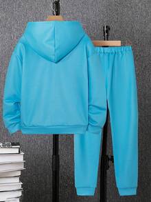 2pcs/Set Boys Neon Glow In Dark Skull Pattern Hoodie And Sweatpants Set, Street Style Halloween Outfit - Multicolor - View 2