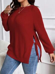 SHEIN LUNE Plus Size Women Christmas Fall Red Knitted Crew Neck Side Slit Bowknot Minimalist Sweater, Suitable For Halloween, Christmas, Valentine's Day, Thanksgiving, Easter, National Day, New Year Eve Parties For New Year Clothes, For Winter