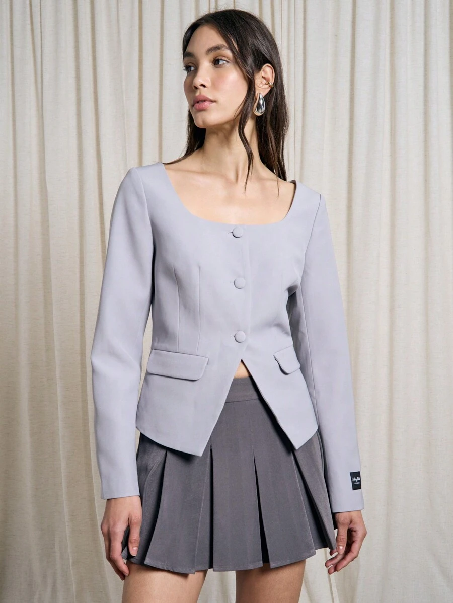 AiiRZ Áo khoác vest cổ tròn chuyên nghiệp vừa vặn cho công sở, trang phục công sở may đo, thời trang cao cấp hiện đại, cổ điển, mùa xuân, mùa thu, mùa đông - Màu Xám nhạt - Xem 1